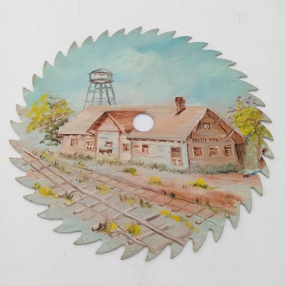 Pretty Prairie KS Hand Painted Saw Blade Folk Art Train Railroad Depot Signed - Picture 6 of 7